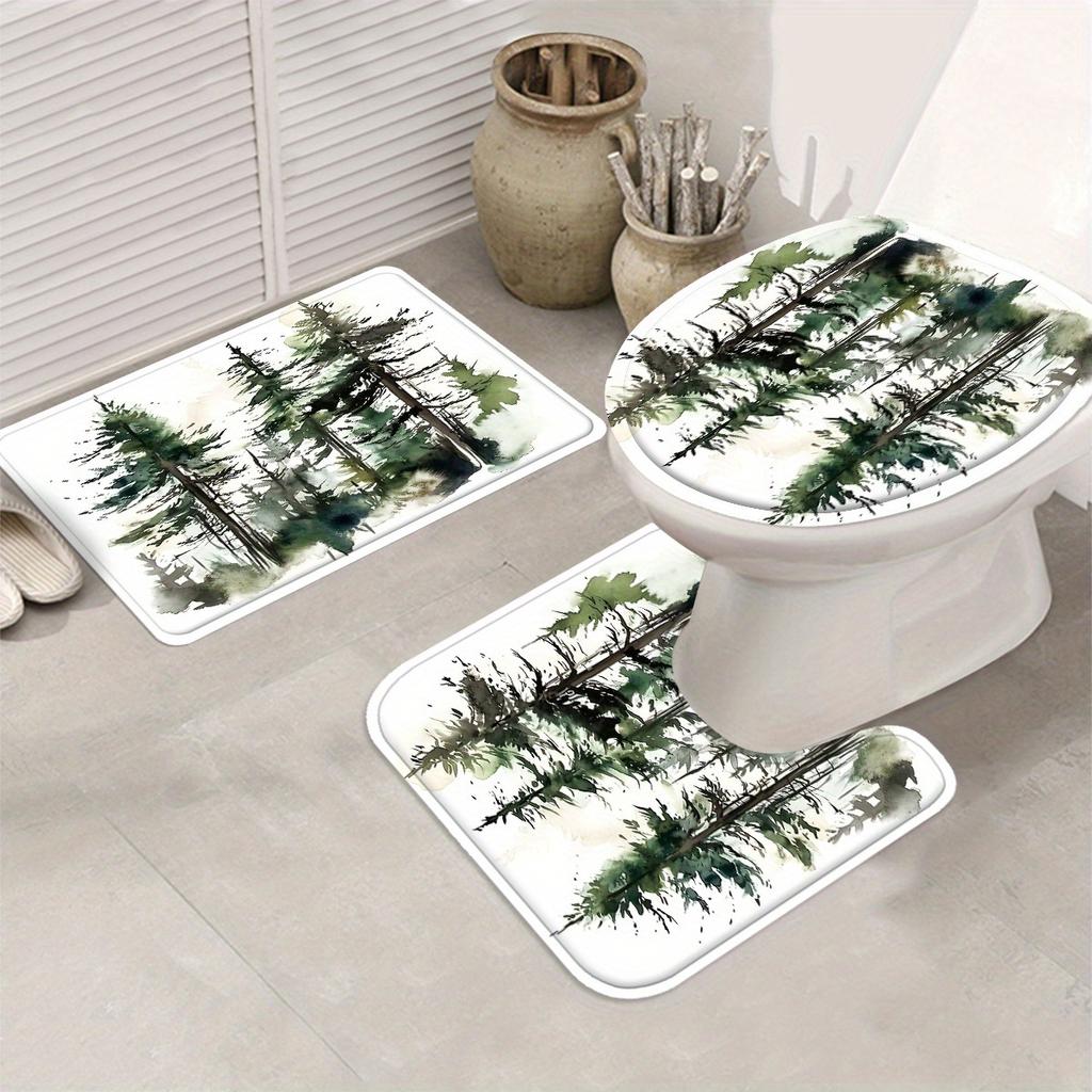 Woods Decorative Shower Curtain Bathroom Set - Machine Washable, With 12 Hooks, Including Toilet Seat Cover And Bathtub Mat