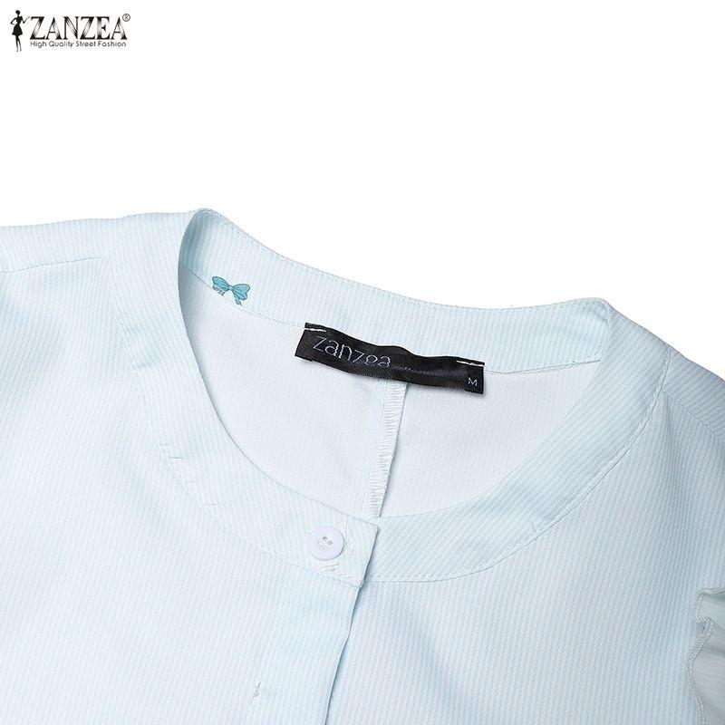 ZANZEA Damen Freizeit Rundhals 3/4 Ärmel Locker Gestreiftes Kleid