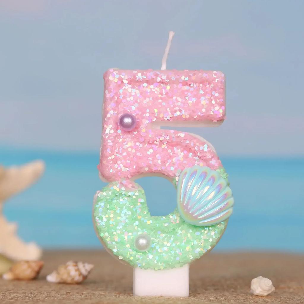 Ocean Mermaid Cake Candles Number 0-9 Number Candle Pink Green Cake Topper Candles Girls Birthday Party Cake Decoration Supplies