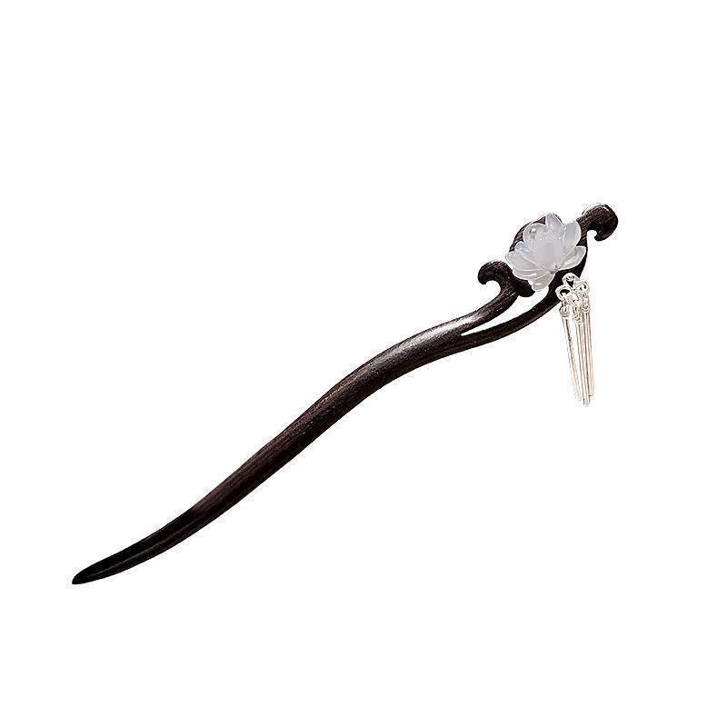 New Chinese Style Elegant Lotus Tassel Black Wood Hairpin Retro Hair Stick Back Head Updo Hair Accessory for Horse Face Skirt Daily Wear