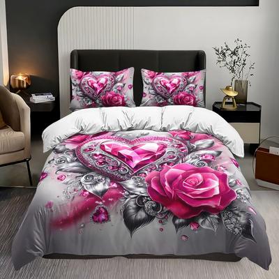 3pcs Pink Bedding Set Love Heart Rose 3D Print Cozy Duvet Cover King Queen Twin Size Birthday Gift for Adult Girls Bedroom Decor