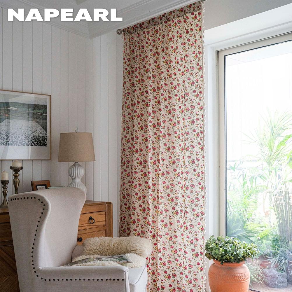 

1 шт. NAPEARL, маленькие цветочные узоры, украшения с кисточками, хлопковые и льняные шторы с принтом для маленьких окон, балкона W150cm x L60cm