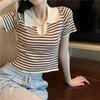 Sommer Frauen Gestrickte Polos kurzarm Hohe Taille Dünne T-shirt Eis Seide Polo Kragen Gestreiften T-shirts Schwarz Blau farbe