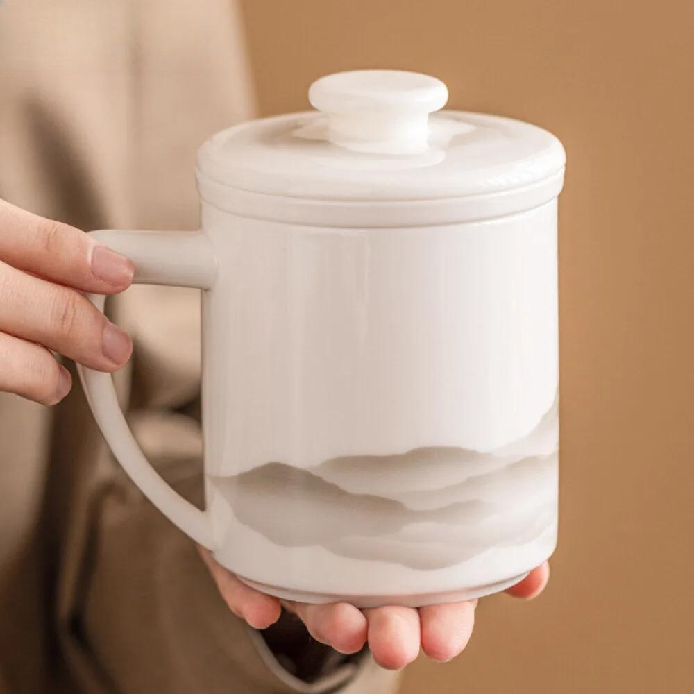 High-end Sheep Fat Jade Mug with Lid Tea and Water Separation Personal Cup Filter Tea Separator Mug Work Office Cup Drinkware