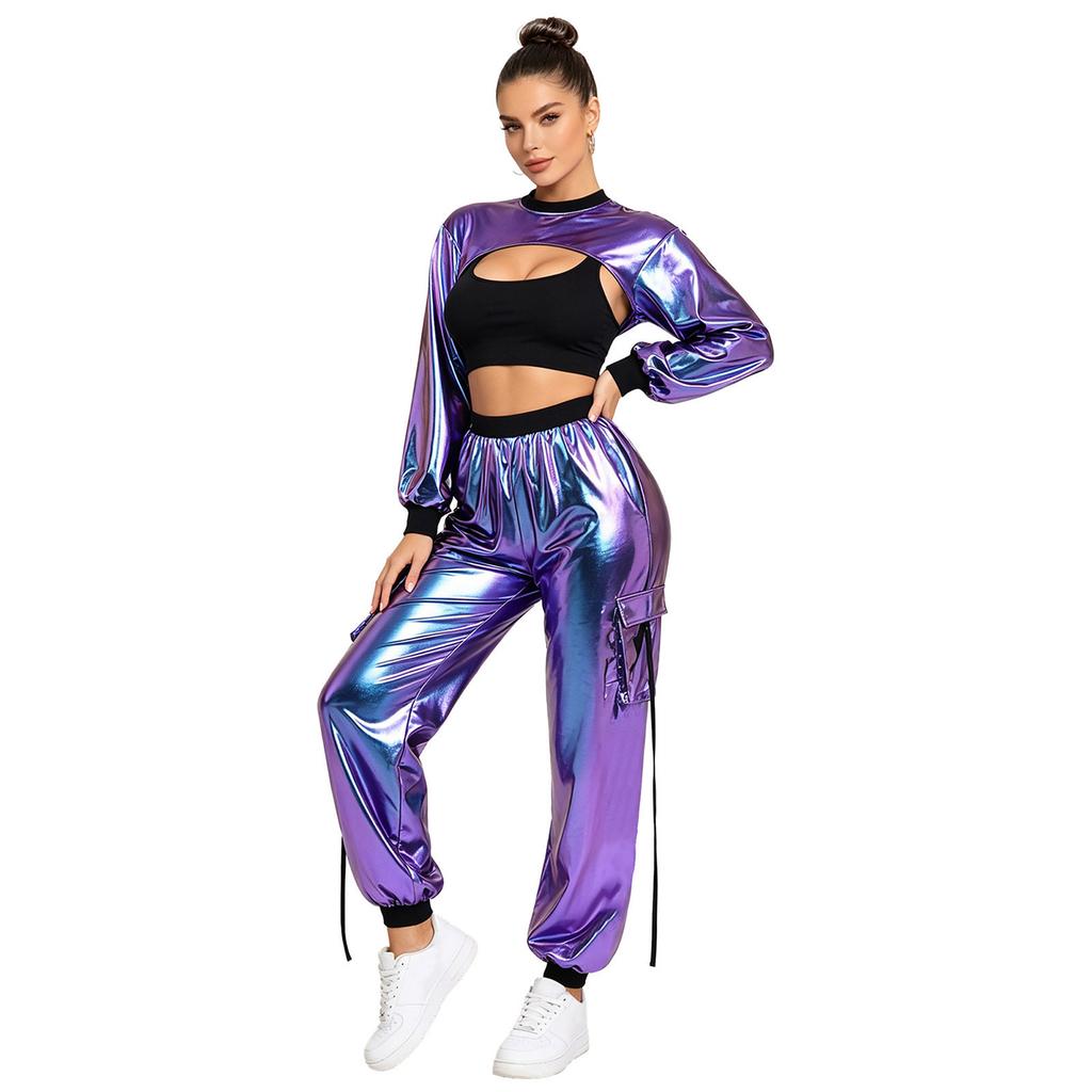 Hip Hop Dance Suit for Women Metallic Shiny Crop Top and Letter Print Cargo Pants for Jazz Disco Stage Bar Outfit