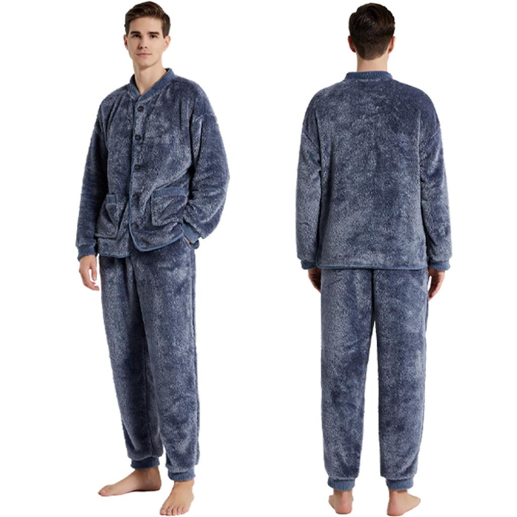 Vivirose Winter Flauschiges Langes Oberteil und Hose Warm Weich und Weich für Herbst und Winter Marine Herren Pyjama Loungewear Offen Vorne Ärmel Set