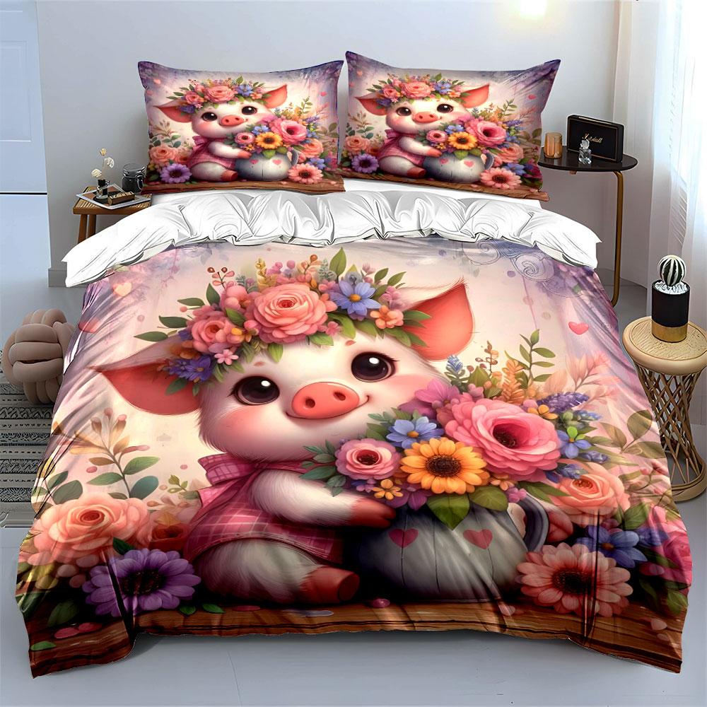 Cute pig with floral artwork Print Bedding Set 1 Duvet Cover 2 Pillowcases for Adult and Children Luxury Gift Full Size