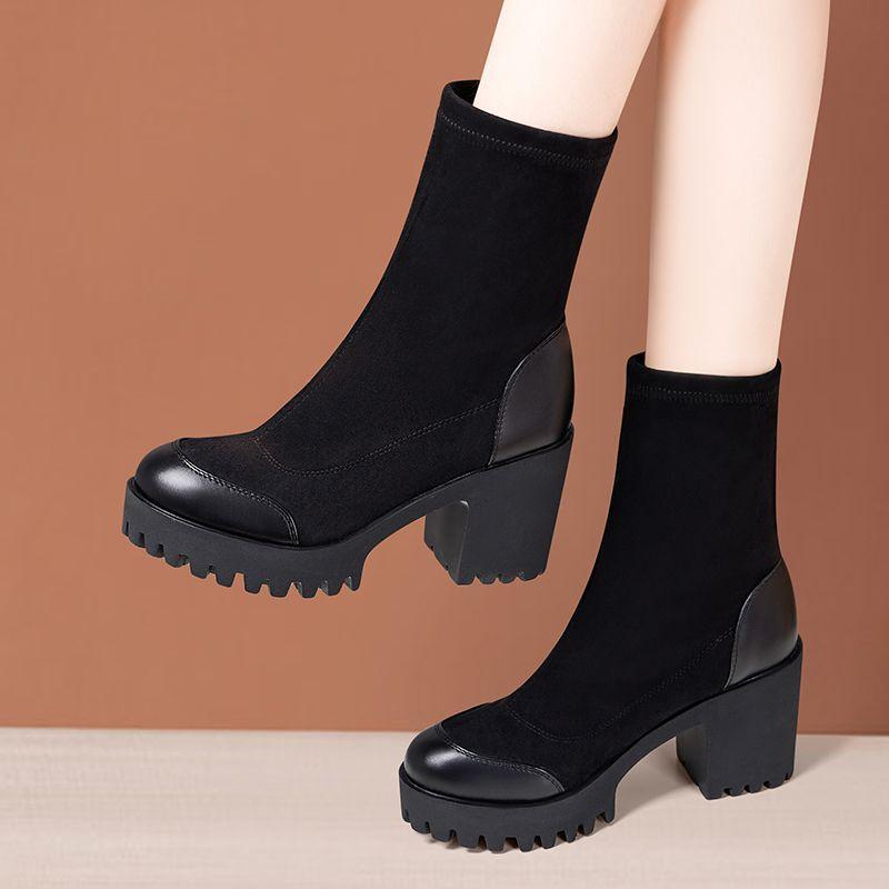 8cm 10cm Small Size 33-43 Flexible Stretch Boots Women's Platform Shoes Fall Winter 2025 Block High Heels Ankle Boots with Fur