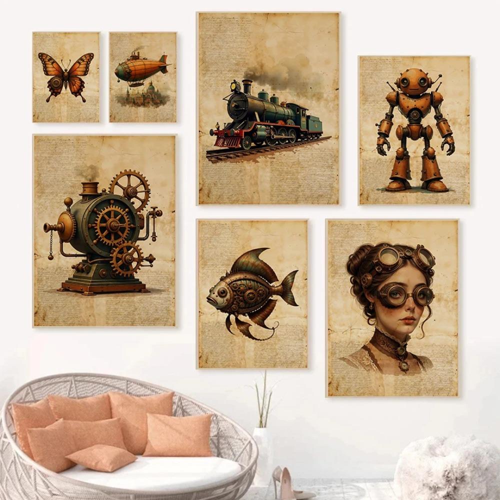 Classic Vintage Steampunk Gramophone Airship Posters Robot Machine Gears Prints Canvas Painting Wall Art Picture Home Room Decor