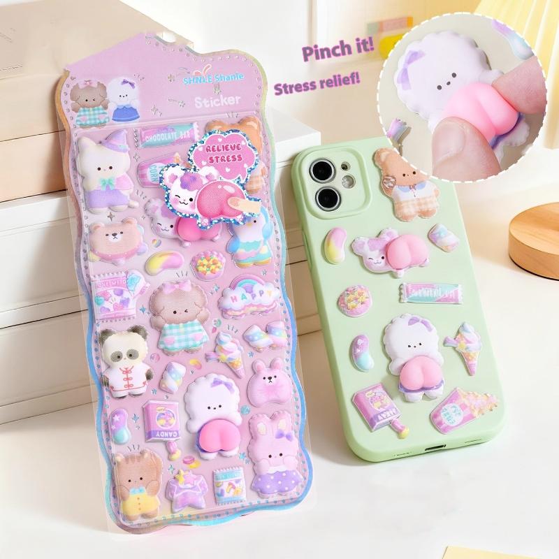 1/4Pcs Kawaii Cartoon 3D Animal Fart Peach Stereo Sticker Stereoscopic Lovely Relieve Stress Stickers Diy Decor Stickers