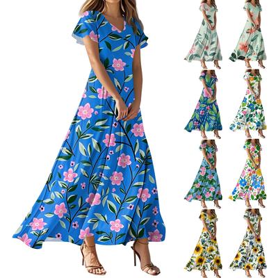 Lässiges Damenkleid mit V-Ausschnitt, kurzen Ärmeln und hoher Taille, Retro-Blumenblatt-Print
