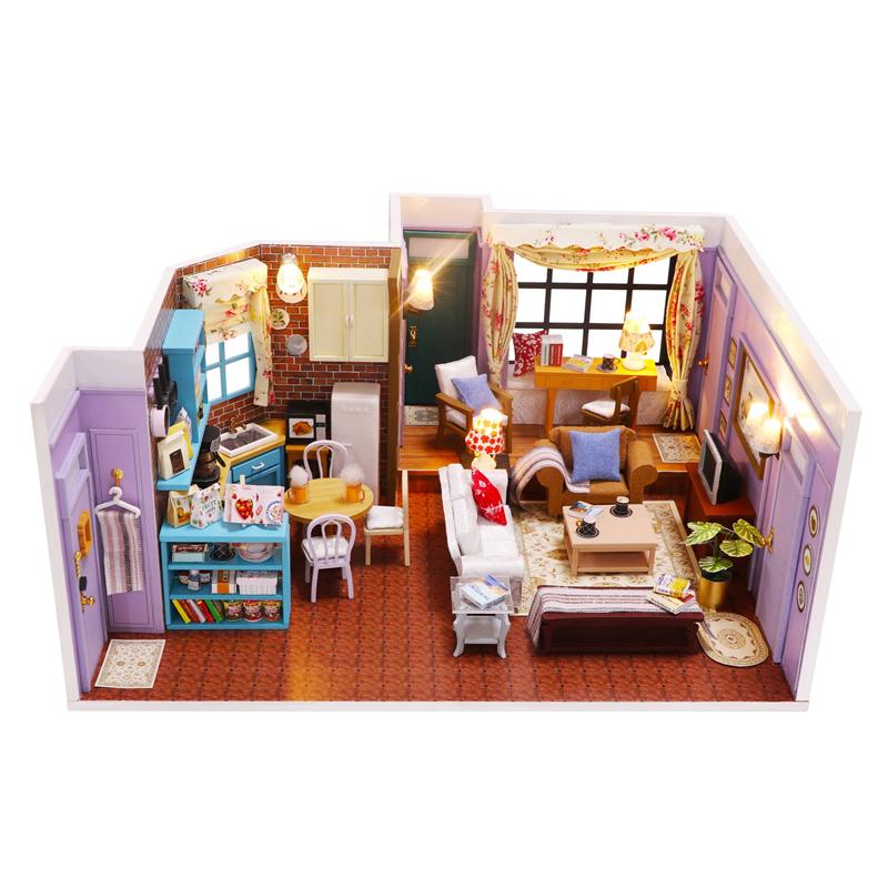 DIY Wooden Sheldons's Apartment Casa Miniature Building Kits Bookend Lights Assembled Bookshelf Home Decoration Friends Gift