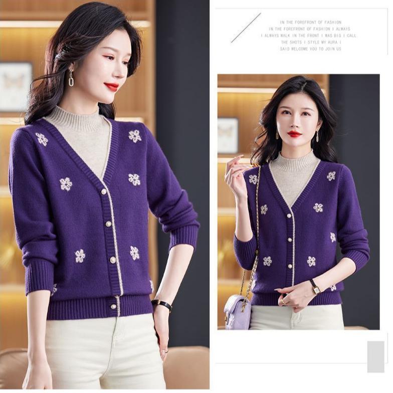 Women's Semi-turtleneck Sweater Autumn Winter Thickened Printed Color-block Knit Sweater Loose Jacquard Pullover Knit Top Outwear