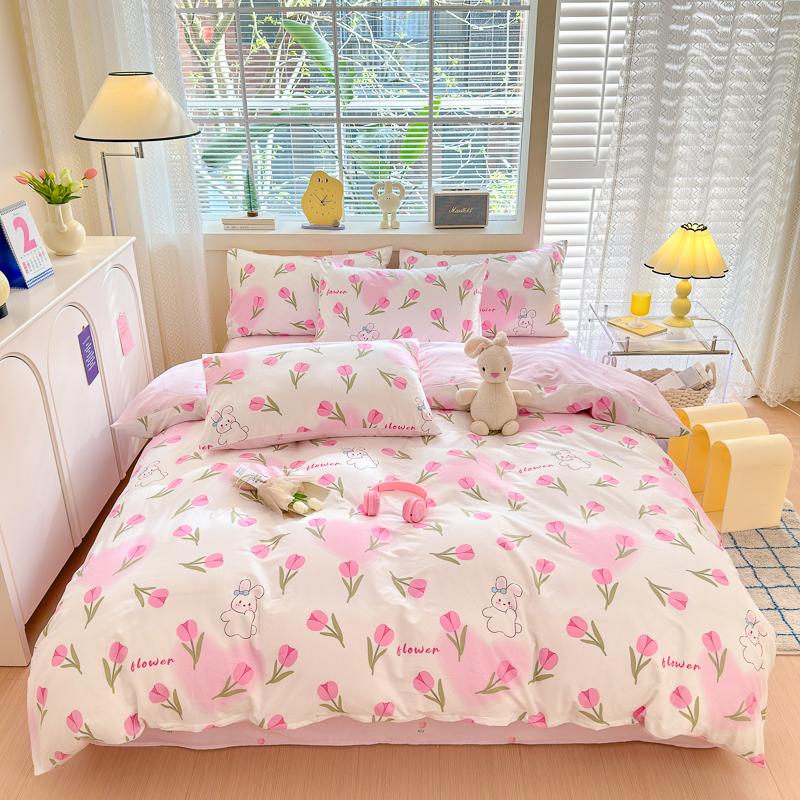 Garden Pink Flowers Pattern Duvet Cover Set 3Pcs Cute Rabbit Printed 100% Cotton Soft Comfortable Comforter Cover Bedding Set