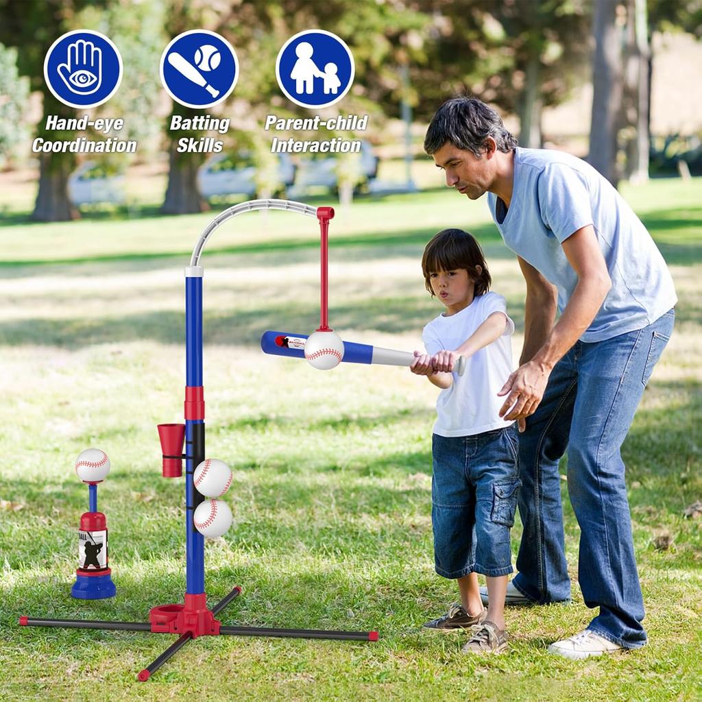 3-in-1 Baseball Set for Kids 3-5 - Tee Ball Stand, Hanging Tee, Ball Launcher and 6 Softballs - Adjustable Height, Indoor/Outdoor Sport Gifts for
