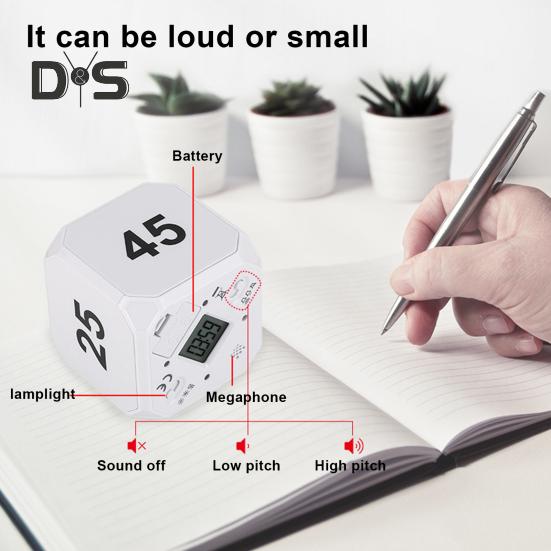 Temporizador de cubo giratorio de 5-15-25-45 minutos con pantalla LED y interruptor deslizante. Temporizador de productividad Pomodoro portátil con vibración y alarma silenciosa para el trabajo, el estudio y la cocina.