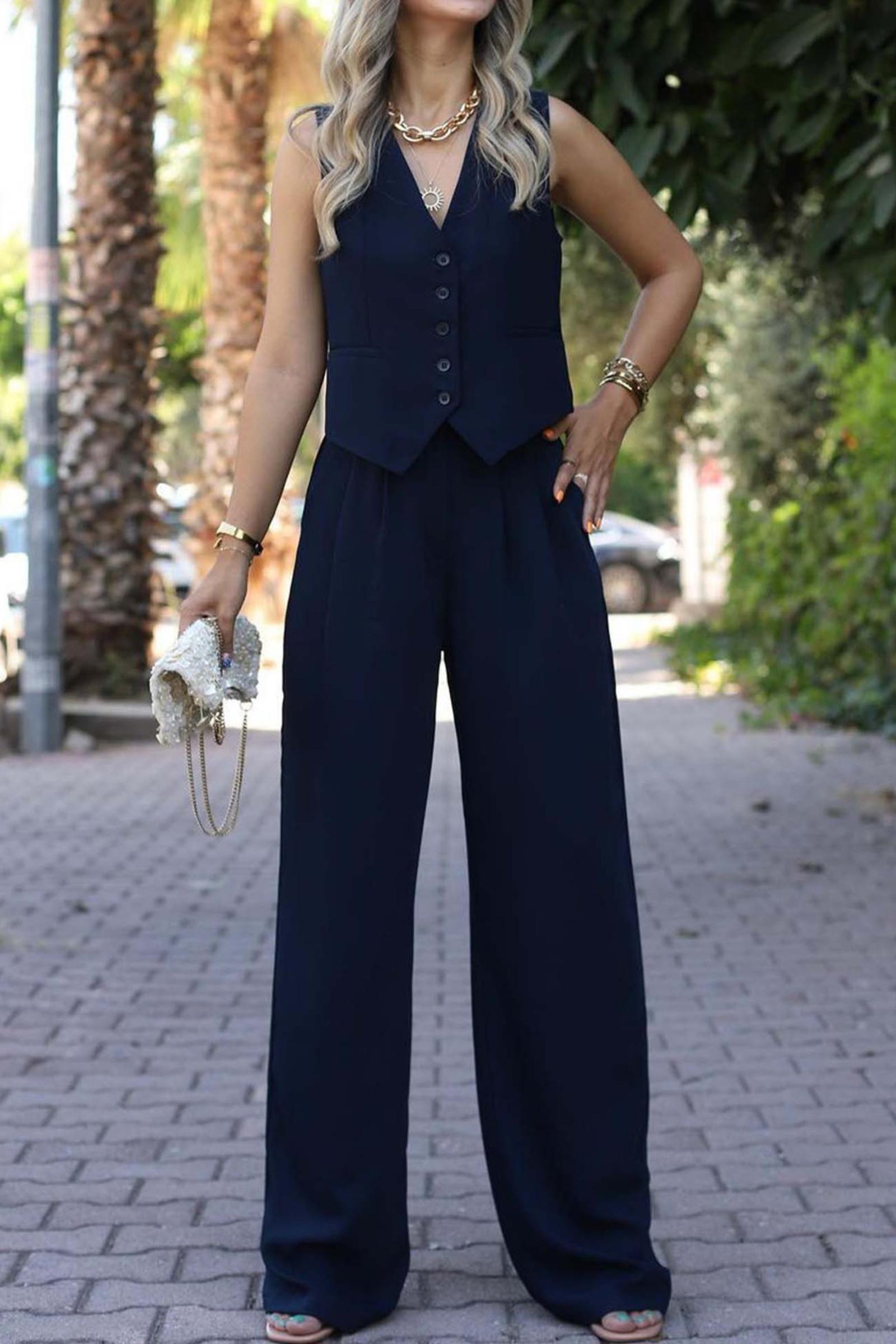 

Women s V-neck Sleeveless Top And Trousers Two-piece Set, Vest And Wide-leg Trousers Suit M Темно-синій