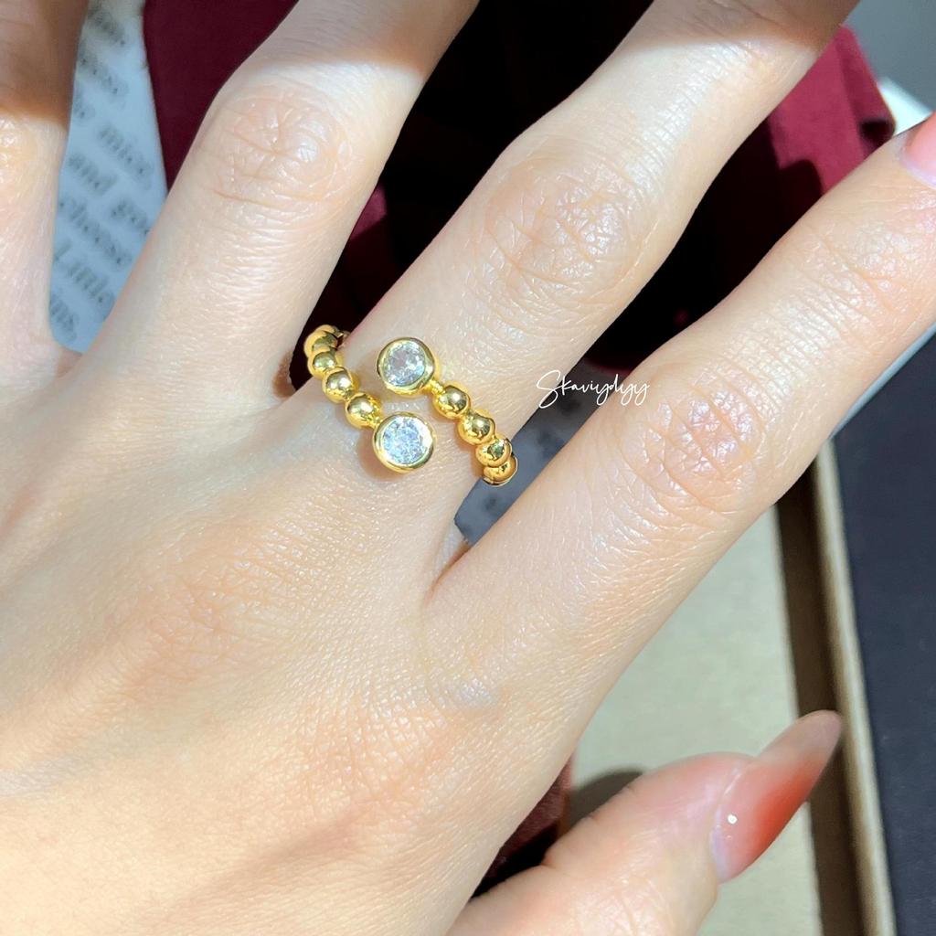 Versatile Retro Gold-Plated Open Ring with Beaded Edge & Inlaid Diamonds