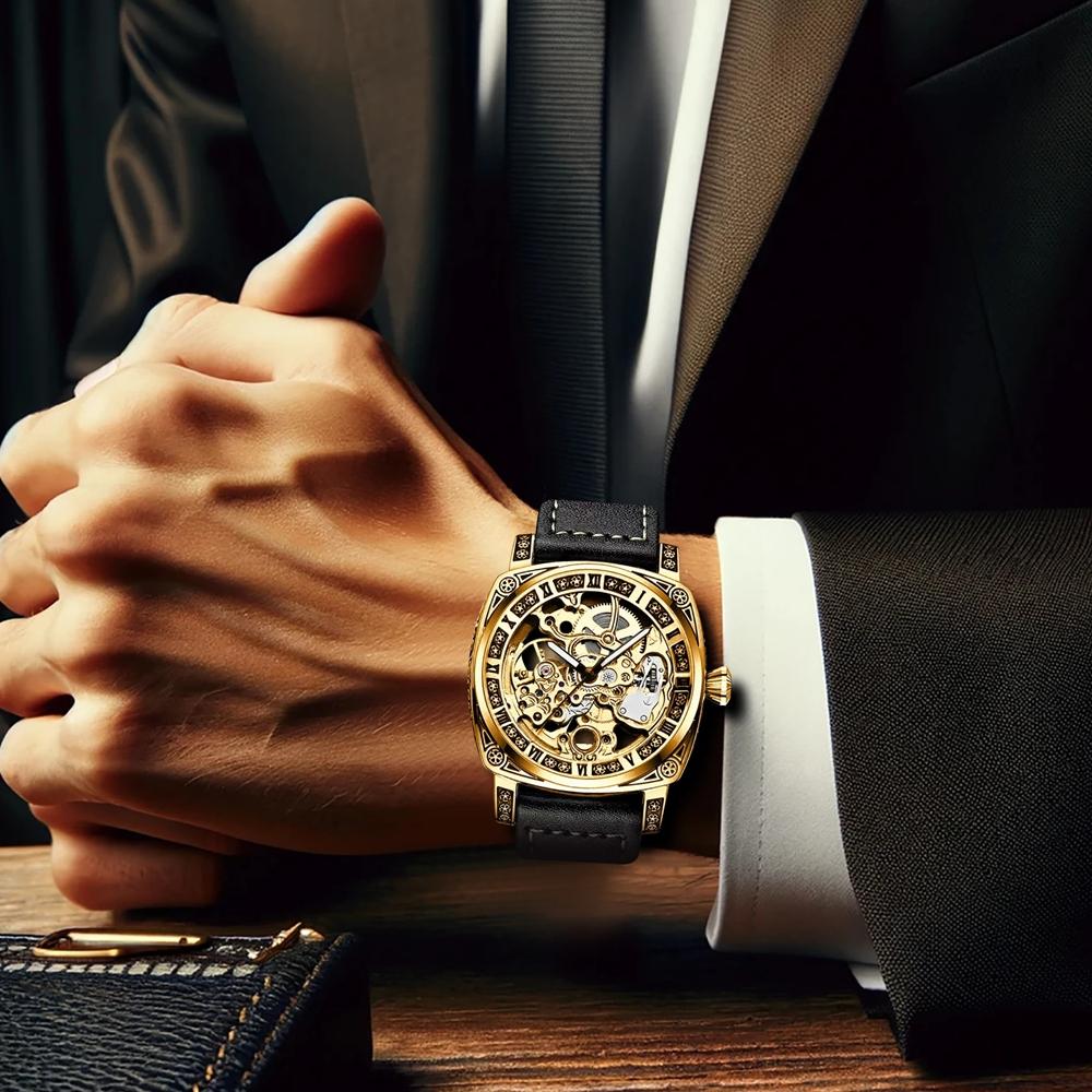 TEVISE Skelett Mechanische Uhr Herren Vintage Graviert Automatik Mechanische Armbanduhren Silber Edelstahlarmband