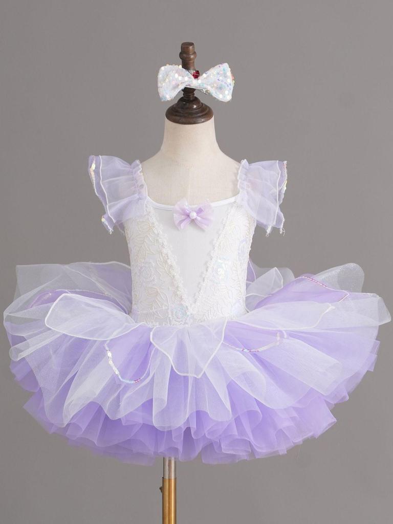 Mädchen Pailletten Prinzessin Ballett Kostüm mit bauschigem Rock, Kleines Schwanen-Auftrittskostüm für den Kindergarten
