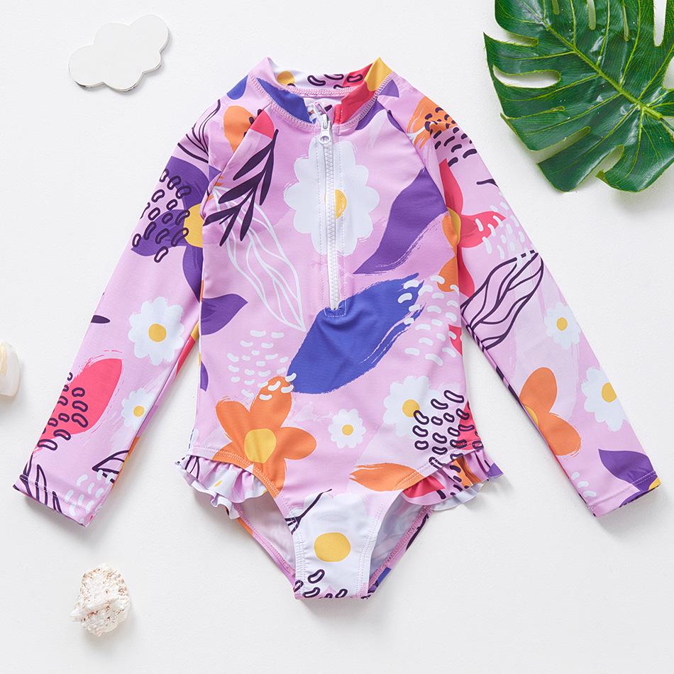 2025 Girls' Long Sleeve Fish Scale One-Piece Swimsuit with Sun Protection