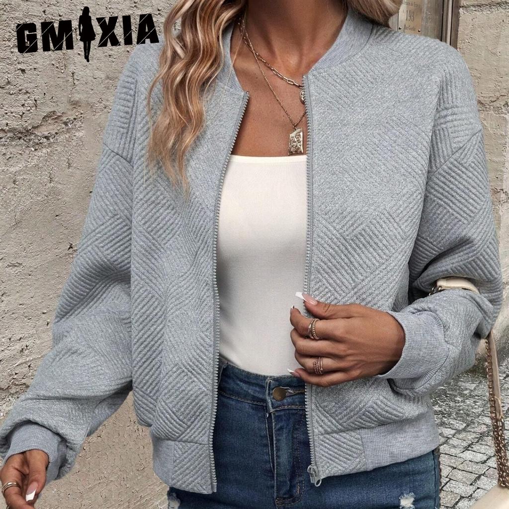 GMXIA Herfst Winter Effen Kleur Ritsjas Baseballkraag Casual Jas voor Dames Lange Mouw Jassen & Jassen