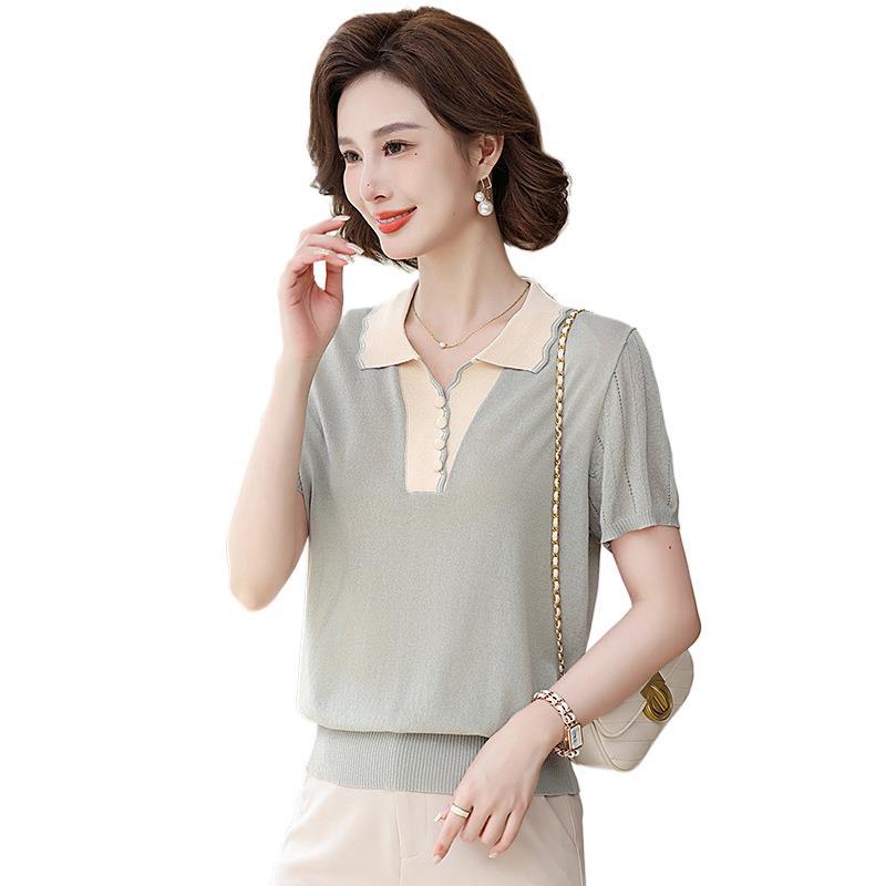 2026 Stylish Ice Silk Knit Lapel T-Shirt for Middle-Aged and Elderly Moms - Summer Short-Sleeve Top