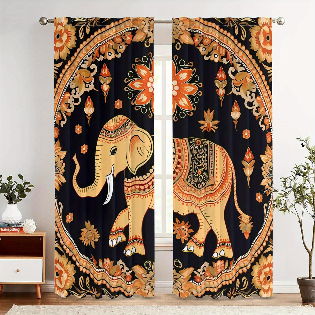 2 stuks Thaise Olifant Print Gordijnen - Levendig Bloemen- en Geometrisch Ontwerp, Verduisterend Stof, Stangzak Ophanging, Machinewasbaar