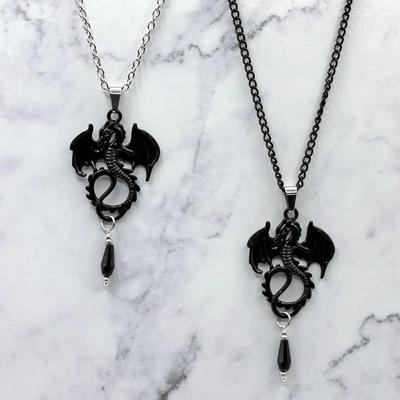 Collana con Ciondolo Drago Nero Gotico Vittoriano - Gioielli in Cristallo Fantasy