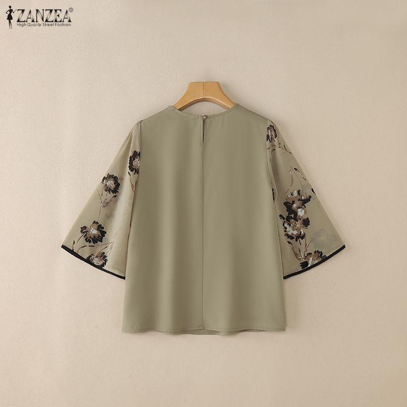 ZANZEA Women Casual Round Neck Loose Splice Half Sleeve Blouse