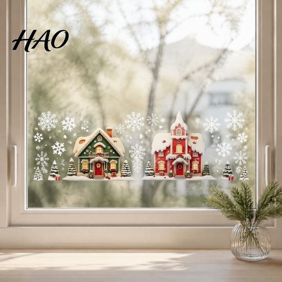 Christmas Window Clings Cabin Static Glass Stickers, PVC Snow House Windows Decals for Holiday Home Wall Stickers Decor, Reusable Waterproof Seasonal