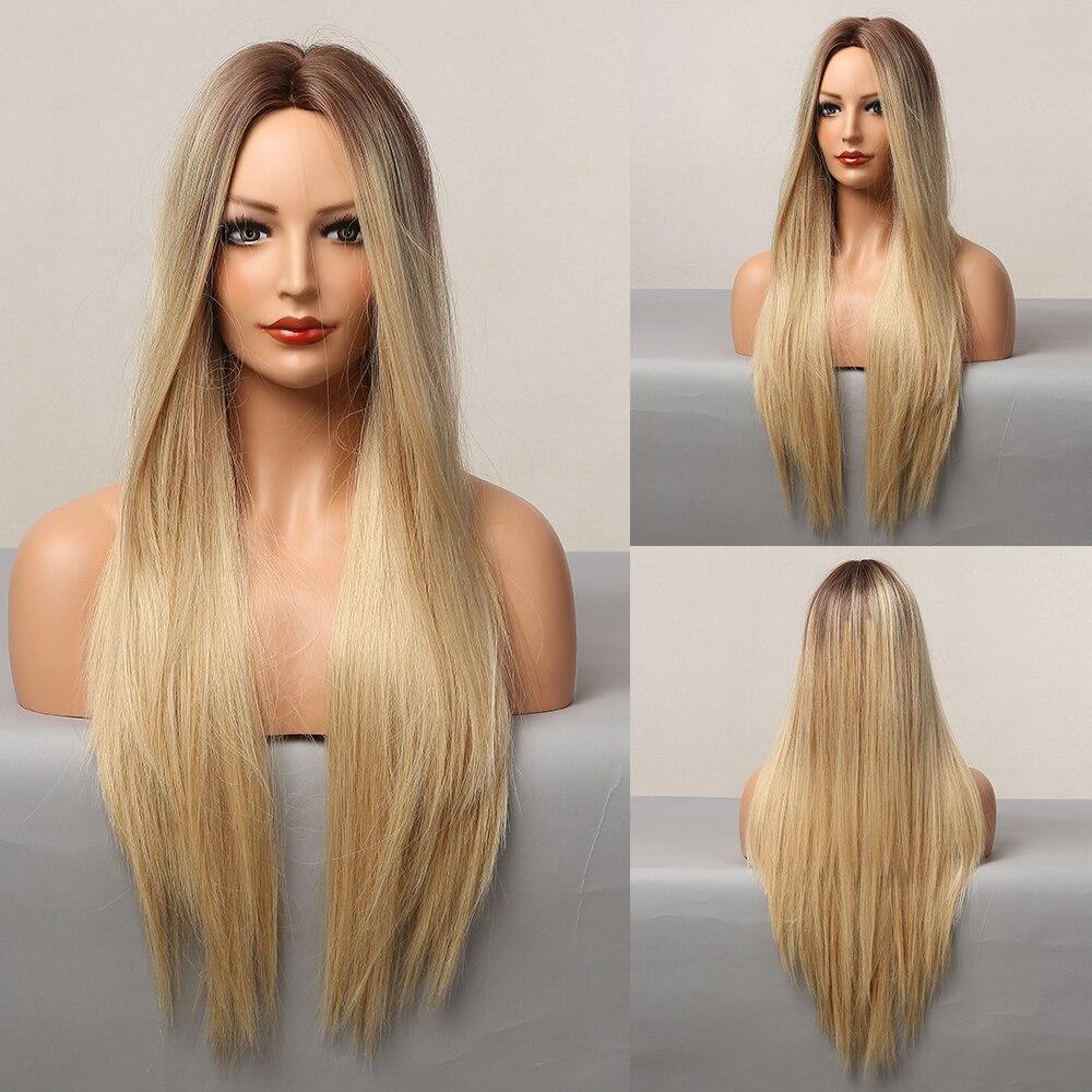 ALAN EATON L Long Straight Wigs Ombre Brown Synthetic Wigs for Women Natural Wigs with Bangs Cosplay Heat Resistant Hair