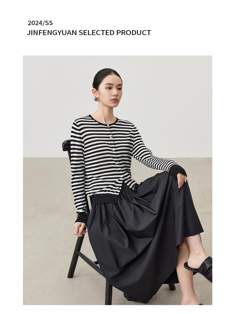 Artistic Striped Mulberry Silk Cardigan - Women's Black & White Round Neck Knit Top for Autumn