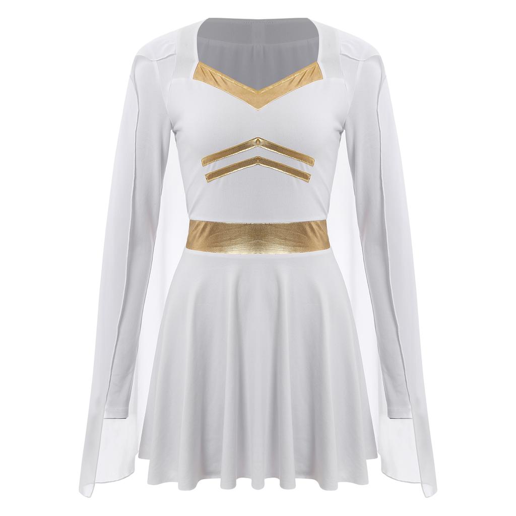 Womens Halloween Cosplay Costume V Neck Long Sleeve Metallic Trim Chiffon Cape Dress Roman Dress Up