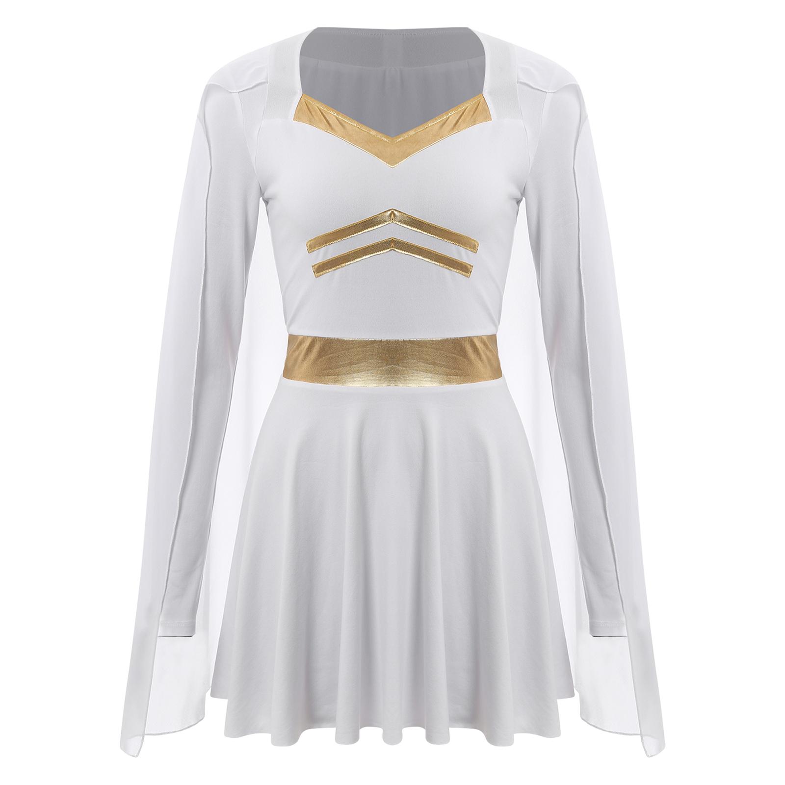

Жіночий костюм для косплею на Хелловін, сукня з V-подібним вирізом, довгим рукавом, металевою обробкою та шифоновим плащем, римський маскарадний костюм M білий
