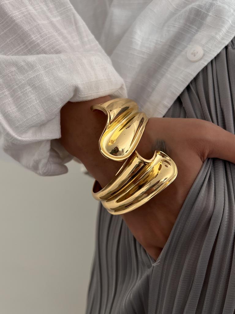 DIEZI Punk Hip Hop Gold Color Leaves Geometric Metal Wide Cuff Bangles Bracelets Fashion Spring Bangles For Women Men Jewelry