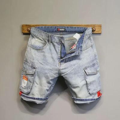 Men's Slim Light Blue Denim Workwear Shorts with Contrast Pockets