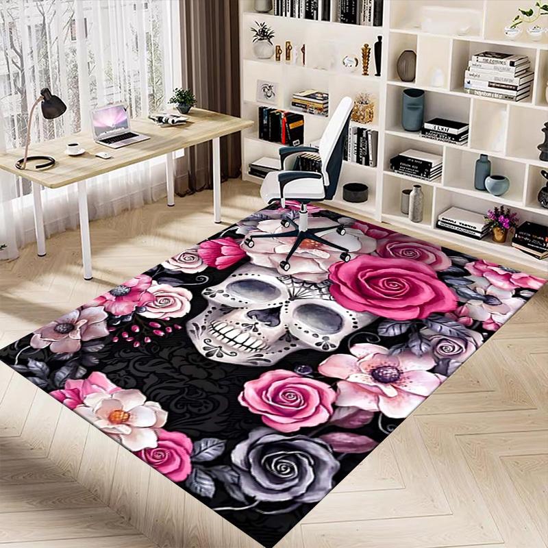 1PC Skull and Flowers Flannel Blanket Carpet Ultra Soft, Thick & Absorbent, Non Slip Machine Washable Mat for Entryway