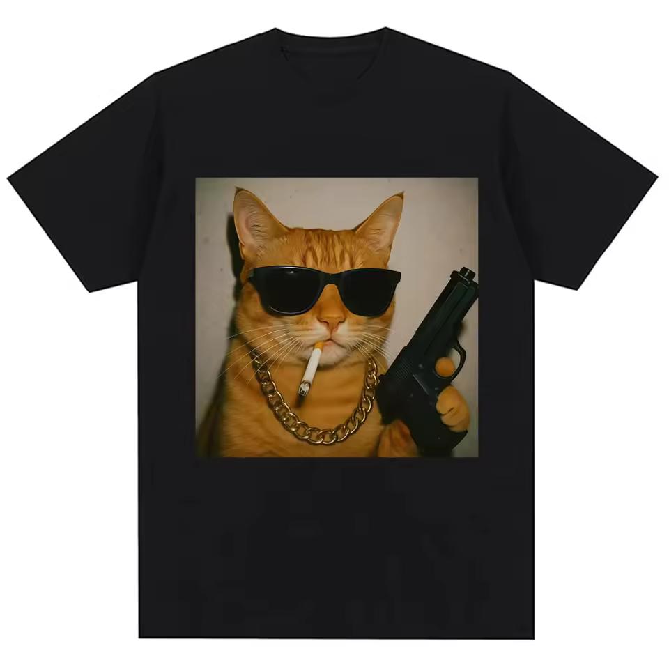 Funny Gangster Cat Meme Graphic T Shirts Women Humor Cat Lovers Vintage T-shirts Oversized Casual T Shirt Streetwear