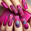Womens Square Full Cover Medium Length Artificial Nail with Hot Pink Feathered Design 24 Pieces Set Coffun Press On Nail