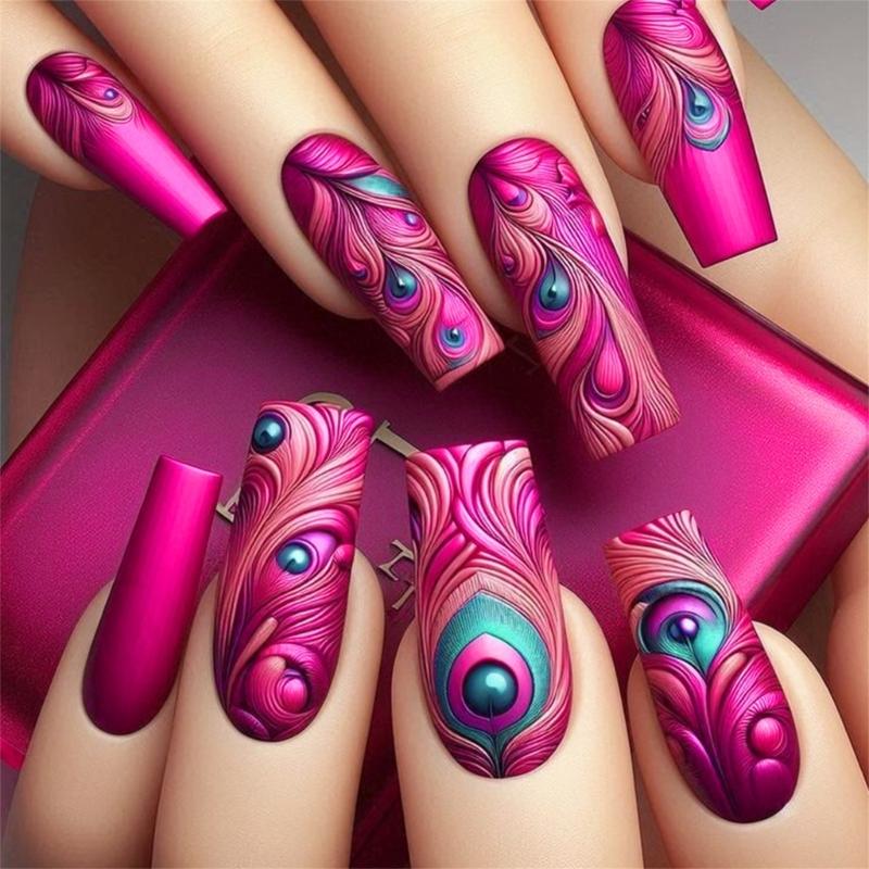 Womens Square Full Cover Medium Length Artificial Nail with Hot Pink Feathered Design 24 Pieces Set Coffun Press On Nail