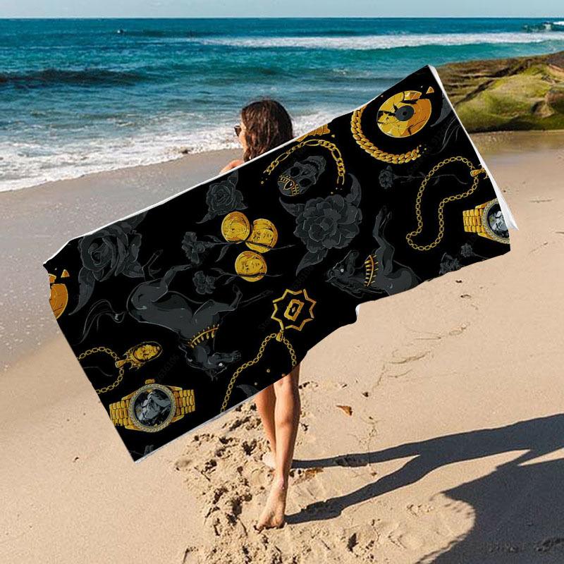 Luxe Premium Zwart Goud Patroon Bloemen Microvezel Sneldrogende Strandhanddoek Mannen Vrouwen Zacht Absorberend Extra Grote Handdoeken Kampeer Mat