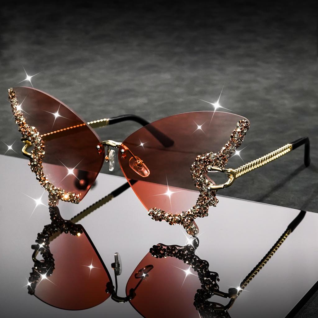 Butterfly Rimless Stylish Sunglasses for Women Men Bling Rhinestone Gradient Tint Decorative Eyeglasses for Costume Party
