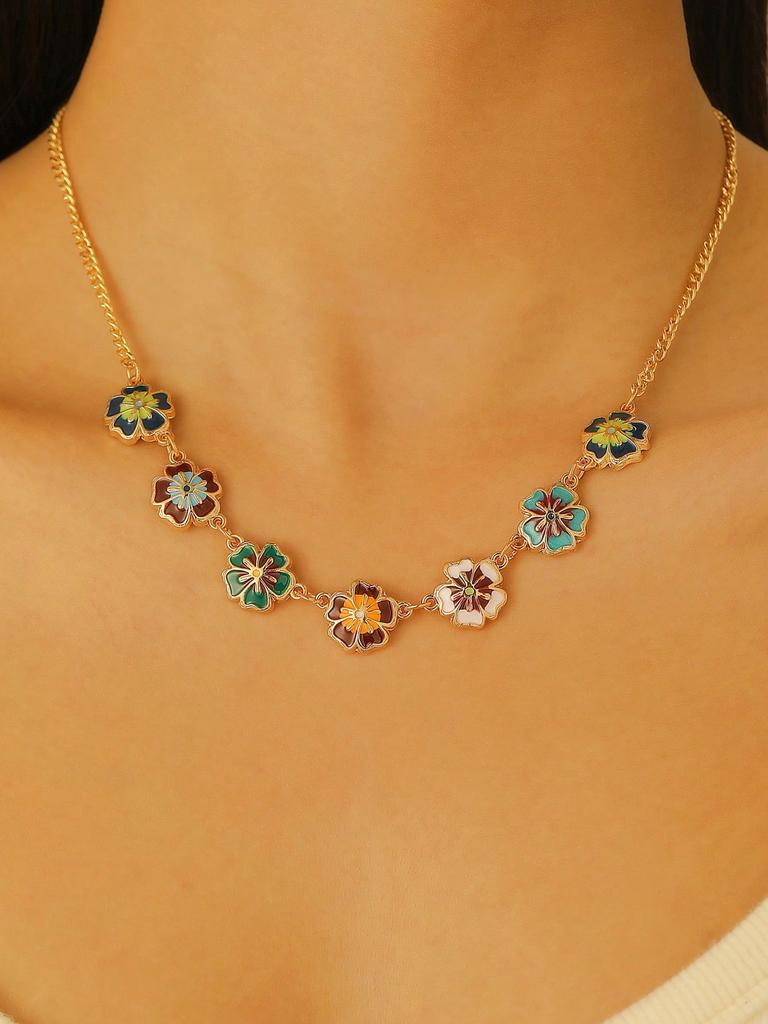 1 piece colorful patchwork vintage flower design necklace, suitable for daily wear, festivals, parties and as a gift for Valentine's Day, Mother's Day