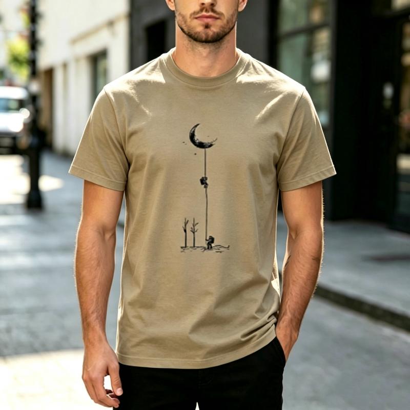 Harajuku Trendy Graphic Crew Neck T Shirt Minimalist Moon Climb Art Print Short Sleeve Tee Cotton Casual Unisex Unisex Streetwear