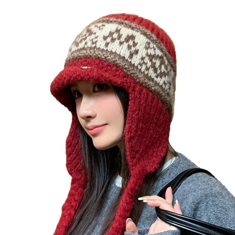 Autumn and Winter Hats, Women's Knitted Wool Hats, Large Brim, Small Face, Ear Protectors, Warm Bald Hats