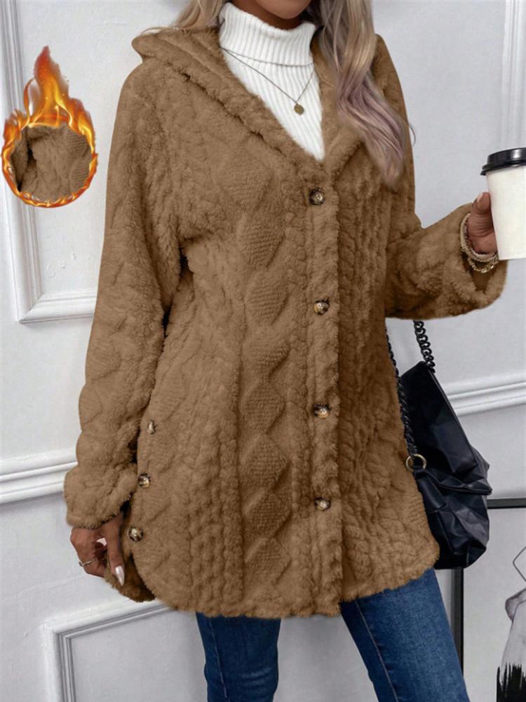 Women's Long Hooded Fleece Coat In Beige, Pink, and Gray, Soft Plush Outerwear with Front Pockets, Loose Fit Casual Winter Jacket