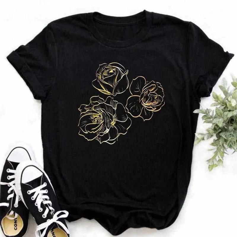 

Maycaur New Fashion Gold Rose Print Women Harajuku Short Sleeves Casual Top Shirt Women Black Summer Sleeved Harajuk Streetwear S