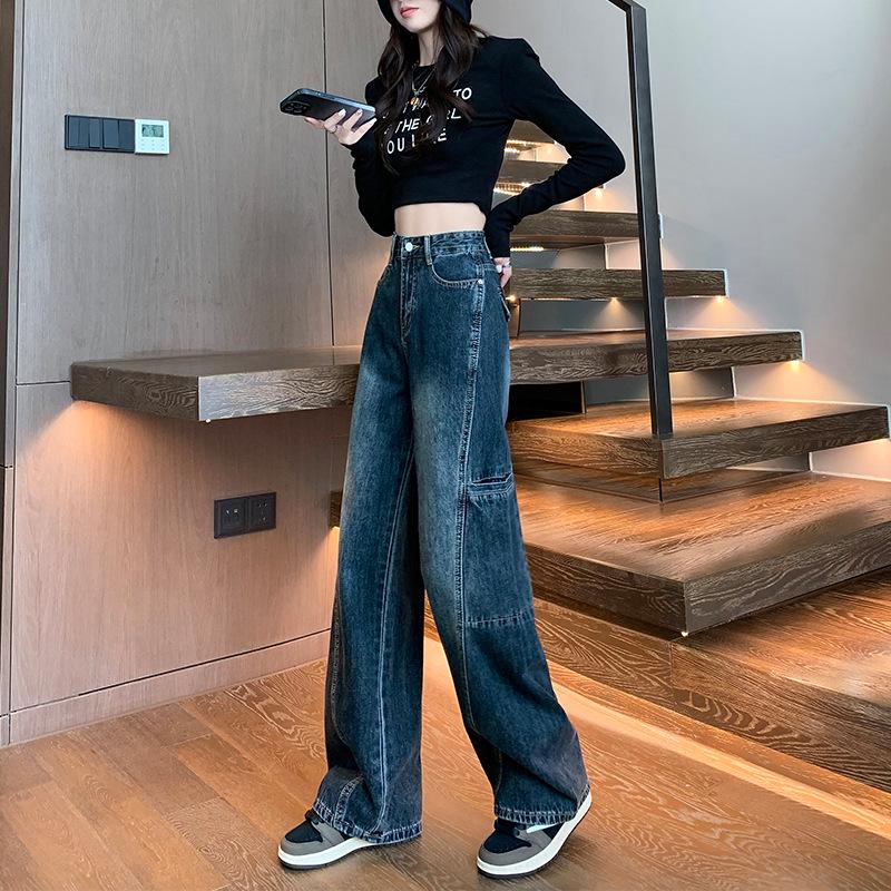 

Women s Blue-Gray High-Waisted Wide-Leg Jeans - 2025 Trendy Straight-Leg Floor-Length Pants Large сине серый