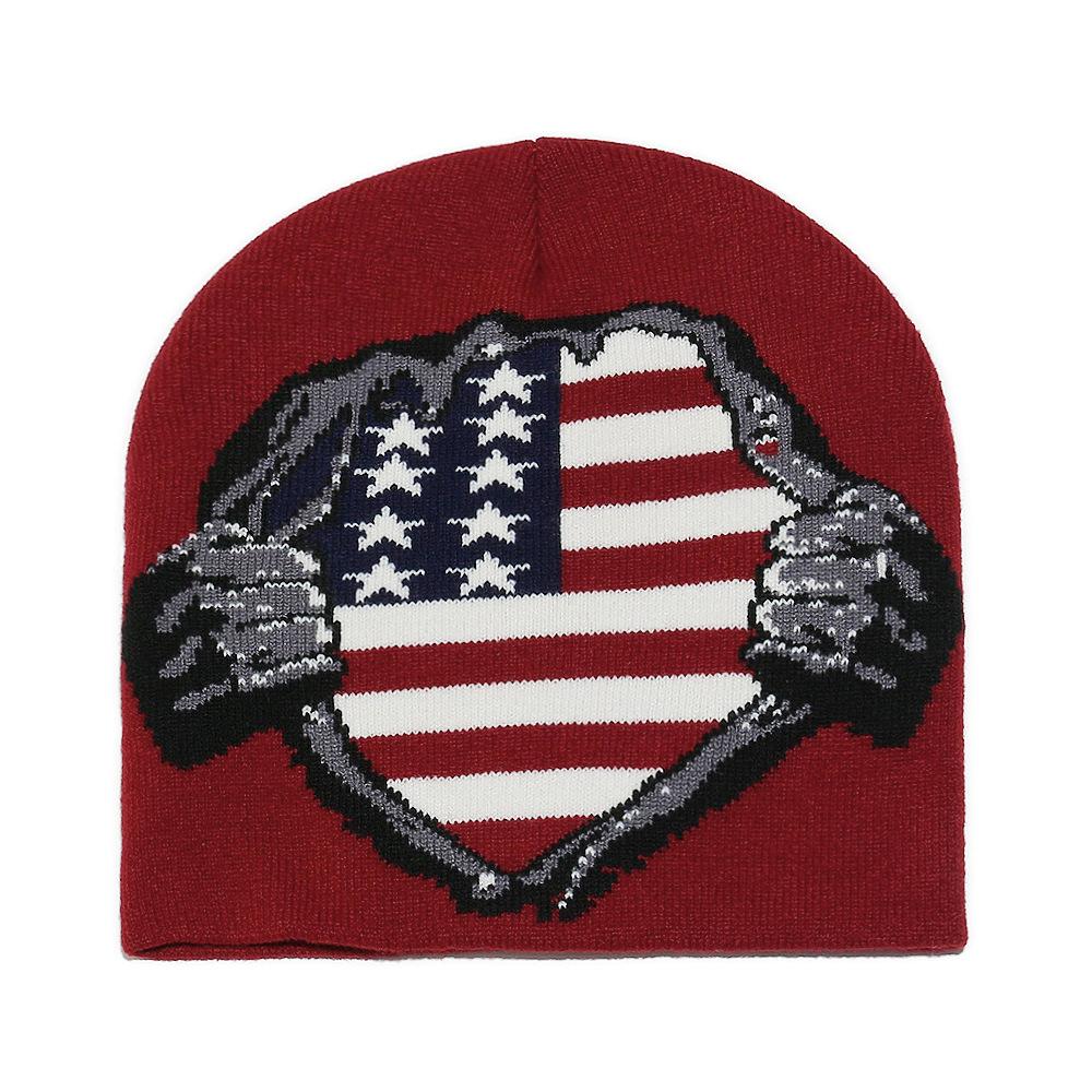 

2025 Осень и зима новая шапка-пуловер с защитой ушей, жаккардовая вязаная шапка с национальным флагом, теплая шапка M（56-58cm） бордовый